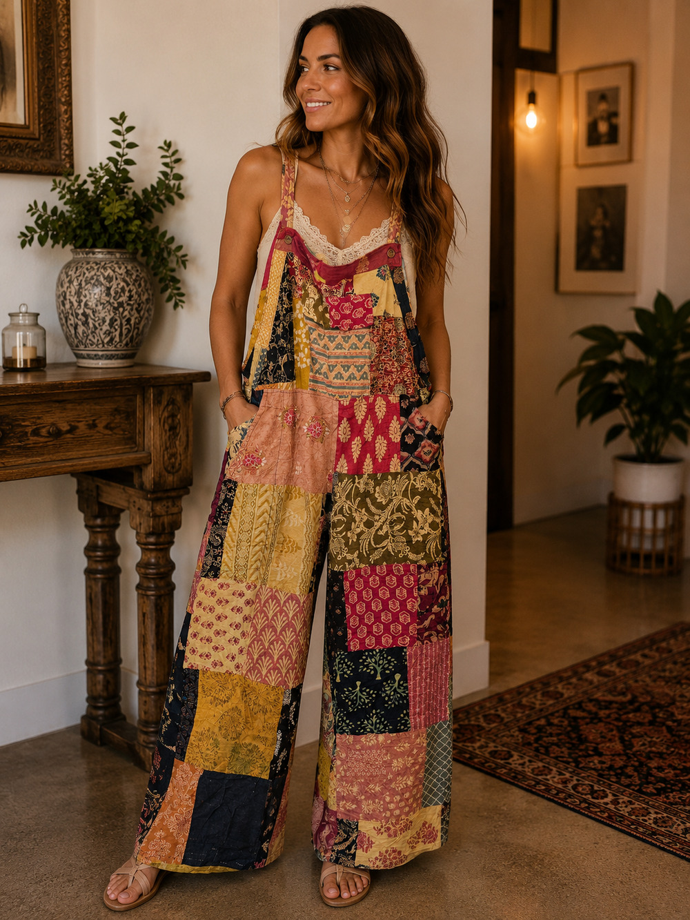 Boho Hippie Cotton Patchwork Jumpsuit with Pockets OS